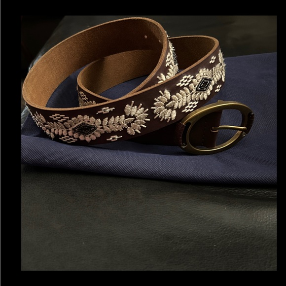 Lucky Brand Accessories - Lucky Brand Brown Leather Belt with Ivory Embroidered Floral Motif